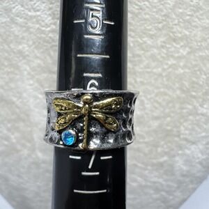 Vtg Boho Stone Inlaid Ring Wide Hammered Band  Blue Stone Size 6 Sterling 925